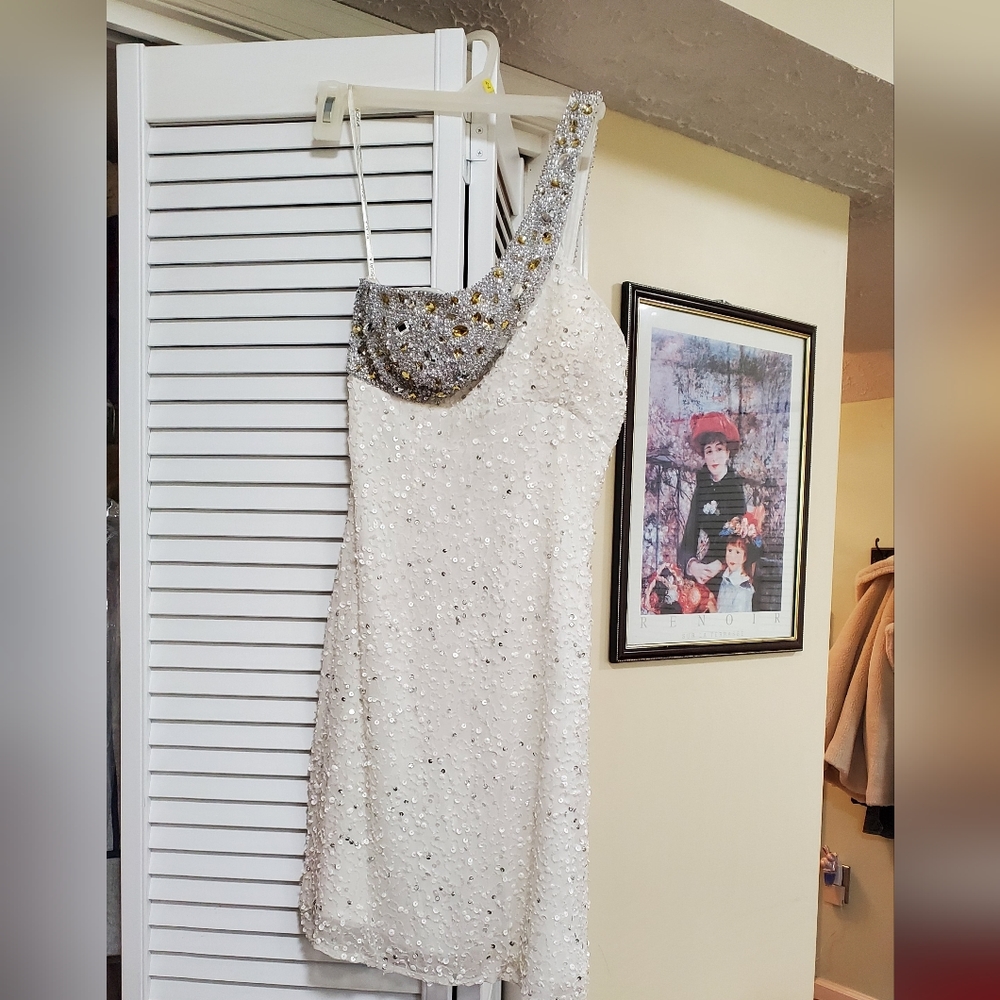 Scala Silk White Sequined One Shoulder Dress Size 2